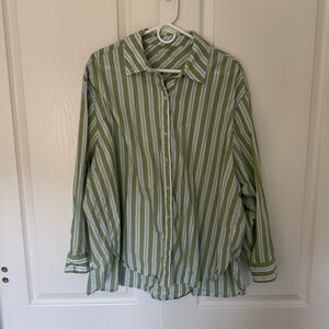 Aerie Oversized Green and White Striped Button-Up Shirt